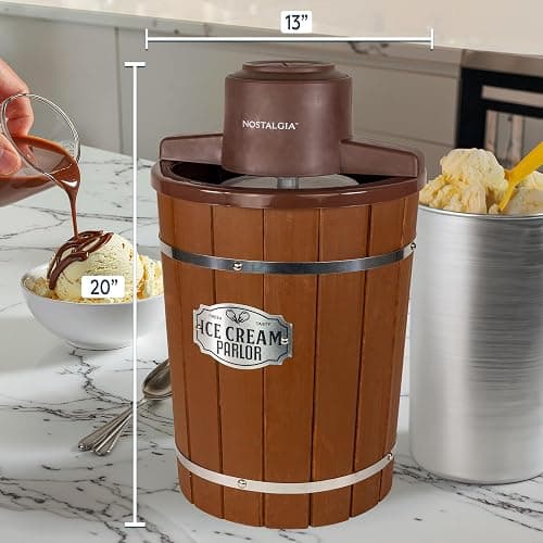 Nostalgia Electric Ice Cream Maker With 6 Qt Capacity - Old Fashioned Ice Cream Machine Makes Frozen Yogurt or Gelato in Minutes- Vintage Wooden Style Ice Cream Maker with Aluminum Canister- Dark Wood thumbnail 8