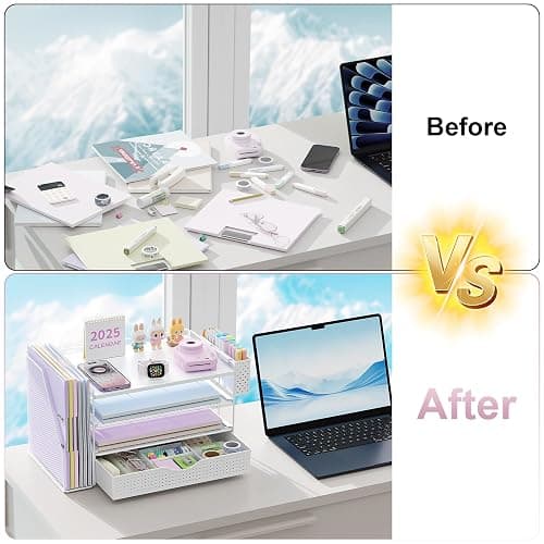 gianotter Wood Desk Organizers and Accessories with File Holder, 4-Tier Desk Accessories & Workspace Organizers with Drawer and Pen Holder, Paper Organizer for Office Supplies (White) thumbnail 4