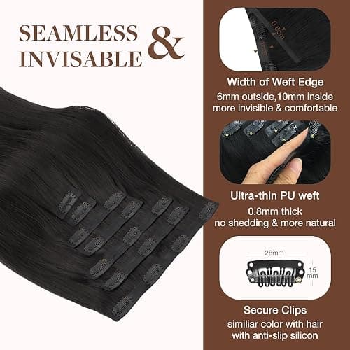 GOO GOO Clip in Hair Extensions Real Human Hair, Remy Human Hair Extensions Clip ins for Women, Natural Human Hair, 18inch 130g 7Pcs, 1B Natural black thumbnail 4