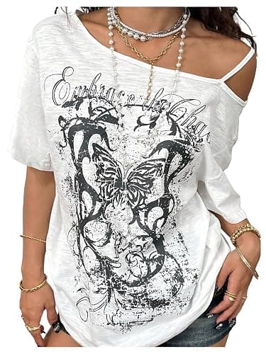 SOLY HUX Women's Cold Shoulder Tops Short Sleeve Oversized Graphic Tee Shirts Y2K Festival Outfits Streetwear - Image 1