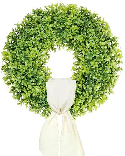 DDHS 20" Boxwood Wreaths Front Door, Artificial Spring Summer Wreath with Sash and Foldable, Year Round Indoor Outdoor for Farmhouse Fireplaces and Porches DIY St Patricks Day Decor-Gradient Green - Image 1