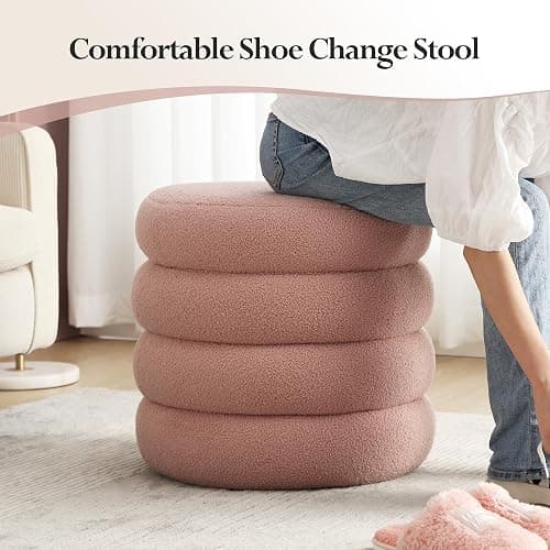 JIRAIN 20.1 Inch Round Storage Ottoman, Modern Sherpa Ottoman Coffee Table with Removable Top, Pink Vanity Stool with Storage for Bedroom, Living Room, Dorm, Set of 1 thumbnail 4