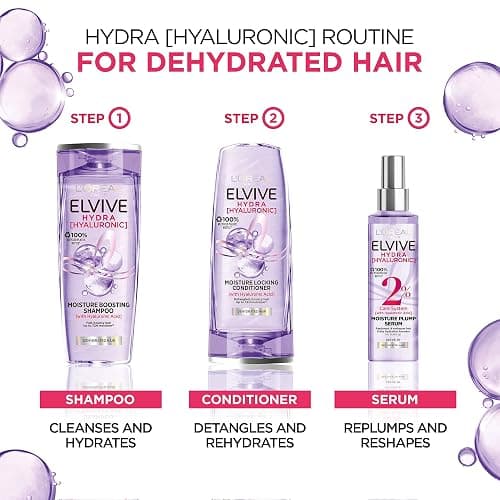 L'Oreal Paris Elvive Hydra Hyaluronic Shampoo, Conditioner and Serum Set with Hyaluronic Acid, Hair Care Treatment with Anti Frizz Spray for Dry Hair, Shampoo 500ml, Conditioner 400ml, Serum 150ml thumbnail 7