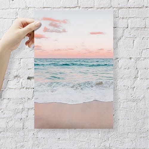 Modern Pastel Aesthetic Sunset Beach Wall Art Minimalist Serene Ocean Sky Canvas Picture Funny Trendy Romantic Blush Pink Wave Artwork for Office Bedroom Bathroom Decor 12x16inch Unframed thumbnail 3