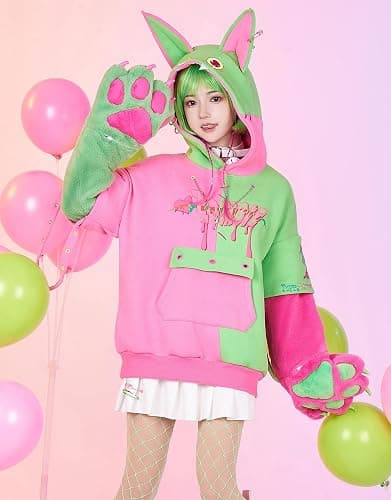 Micotaku Womens Pullover Hoodie with Detachable Bag Furry Paw Design Gloves Green Pink Hoodie thumbnail 2