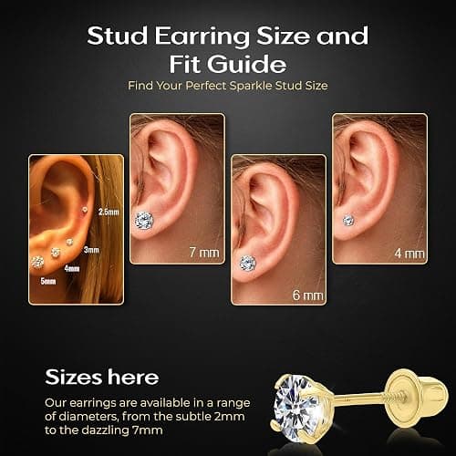Art and Molly 14K Solitaire Gold Earring Solid 14-Karat Round Cubic Zirconia Stud Earrings with Screw-Back, CZ Studs with Gift-Ready Box thumbnail 4