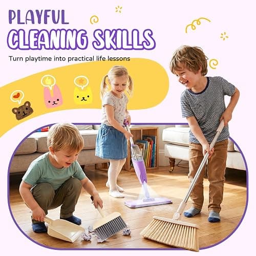 Kids Cleaning Toy Set,Purple Mini Spray Mop Montessori Toys Pretend Play Cleaning Tool for Toddlers with Spray Mop & Kids Broom Dustpan Set Cleaning Toys Gift for Toddlers Girls Boys Age 3+ thumbnail 4