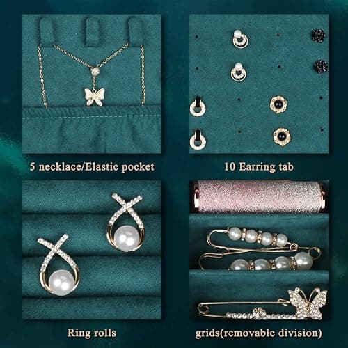 Hatori Travel Jewelry Box, PU Leather Small Jewelry Organizer for Women Girls, Double Layer Portable Mini Travel Case Display Storage Holder Boxes for Stud Earrings, Rings (Ink Green) thumbnail 5