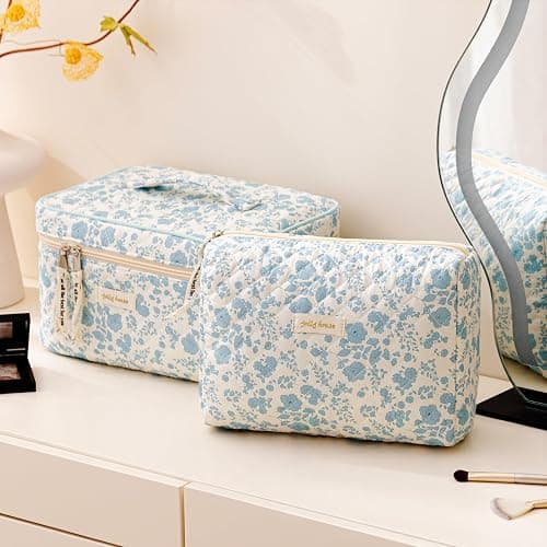 HBselect 3 PCS Quilted Makeup Bag, Cotton Large Travel Makeup Bag, Cute Floral Coquette Make up Bag Cosmetic Bag Toiletry Bag for Women Girls thumbnail 7