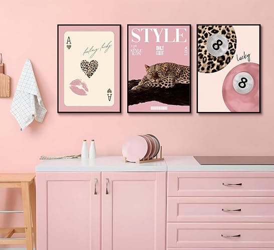 Set of 3 Trendy Pink Leopard Canvas Wall Art Funky Lucky 8 Ball Posters Prints Preppy Room Aesthetic Cheetah Wall Decor Pictures for Girls Bedroom Apartment Dorm Decoration Unframed thumbnail 5