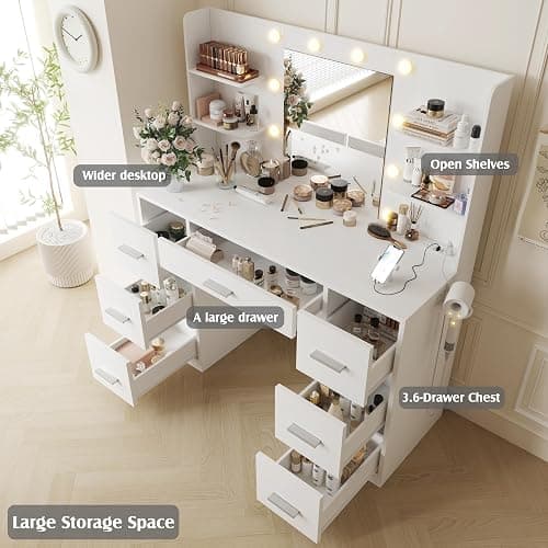 YESHOMY Vanity Desk with Mirror, Power Outlet and 10 Lights, Makeup Table with 7 Drawers, 3 Color Modes Available for Bedroom, White thumbnail 4