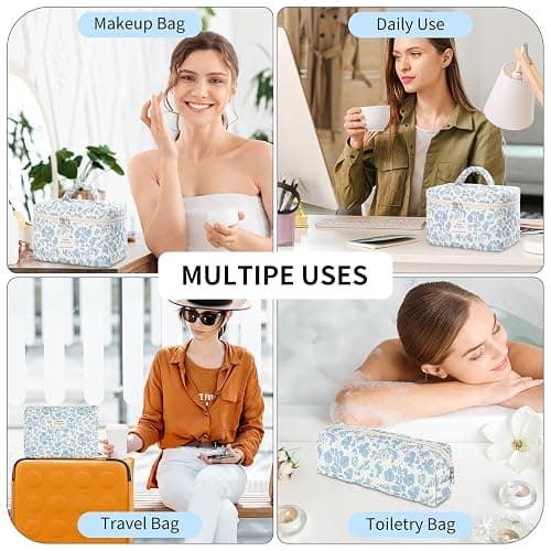 senbowe Floral Makeup Bag, 3 Pack Large Cotton Quilted Makeup Bag Set, Cute Floral Coquette Aesthetic Toiletry Bag Make Up Cosmetic Bag for Women, Toiletry Travel Make Up Organizer Bag thumbnail 7