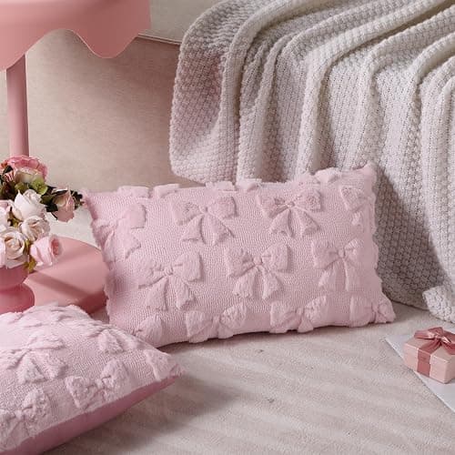Mixweer Bow Pillow Covers Set of 2 Coquette Room Decor Cute Faux Fur Soft Bowknot Preppy Stuff Fluffy Plush Aesthetic Pillow Covers for Bed Sofa Couch, Fall Christmas Decor(12 x 20 Inch,Pink) thumbnail 4