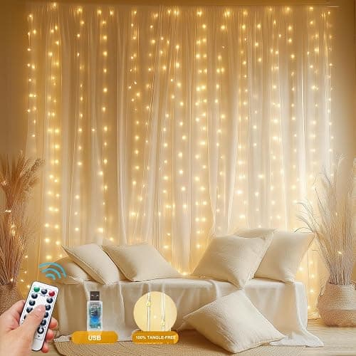 HOLITS 2 Pack Fairy Curtain Lights Upgraded Tangle-Free Warm White USB Plug in 8 Modes String Hanging Lights with Remote for Christmas, Bedroom, Indoor, Outdoor, Weddings, Party (10 FTx10 FT) - Image 1