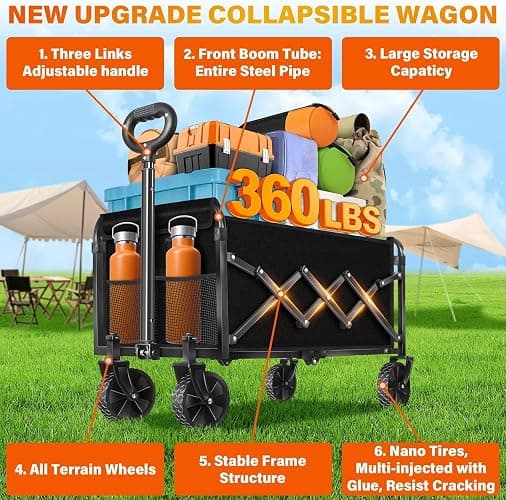 Wagons Carts Foldable, Collapsible Folding Wagon, Portable Folding Wagon Cart with Wheels, Outdoor Utility Carts for Groceries, Camping, Sports, Shopping, Black thumbnail 8