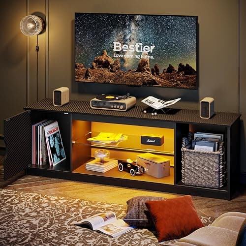 Bestier 145 CM LED TV Stand for 55/60 / 65 Inch TVs Gaming Entertainment Center with Cabinet for PS5 Modern TV Cabinet with Adjustable Glass Shelves for Living Room Bedroom - 145CM - Black Carbon Fiber thumbnail 7