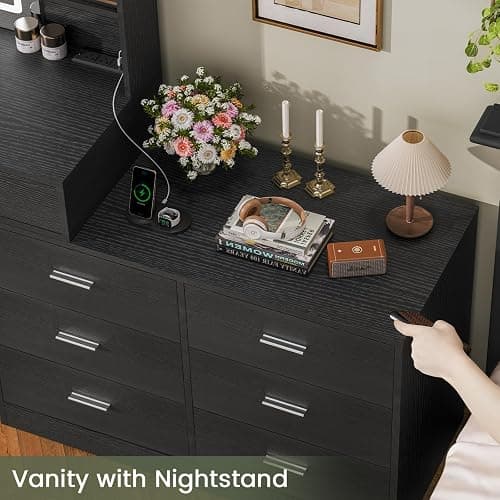 FIONESO Vanity Desk with LED Light Mirror & Power Outlet, 8 Drawers, 6 Storage Shelves, 3 Color Modes & Adjustable Brightness Makeup Vanity, Corner Vanity, L Shape Vanity, 39.4”-64.9" Desk, Black thumbnail 8