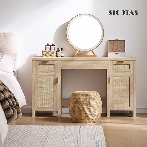 SICOTAS Rattan Vanity Home Office Desk - 52" Large Farmhouse Boho Makeup Vanity Dressing Table with 3 Drawers & 2 Storage Cabinets, Vanities Desk for Makeup Room, Bedroom, Home Office, Light Oak - Reclaimed Light Oak - 1 Piece thumbnail 6
