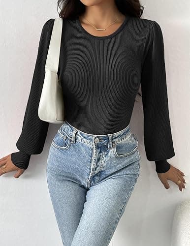 Zeagoo Womens Sweaters Long Sleeve Bodysuits 2026 Fall Crewneck Puff Knit Pullover Tops thumbnail 4