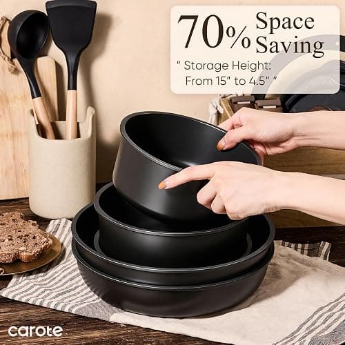 CAROTE 38pcs Pots and Pans Set Non Stick, Cookware Set Detachable Handle | Knife Set, Induction Compatible, Dishwasher & Oven Safe, Space Saving, Camping Cooking Set, Kitchen Set, Black thumbnail 5