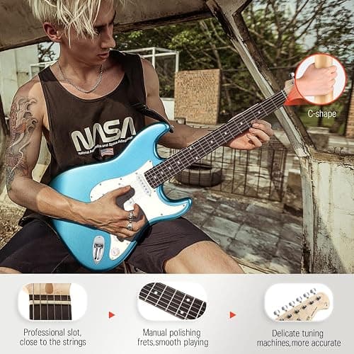 Donner DST-100T 39 Inch Electric Guitar Beginner Kit Solid Body Full Size Lake Blue HSS Pick Up for Starter, with Amplifier, Bag, Digital Tuner, Capo, Strap, String,Cable, Picks thumbnail 5
