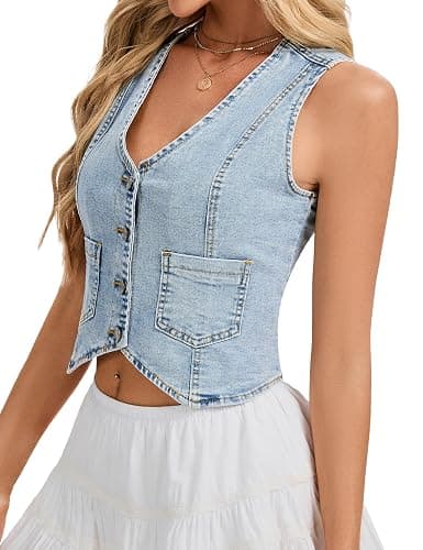 Genhoo Denim Vest Sleeveless Jean Vest Top for Women V Neck Button Down Cropped Denim Top with Pockets thumbnail 4