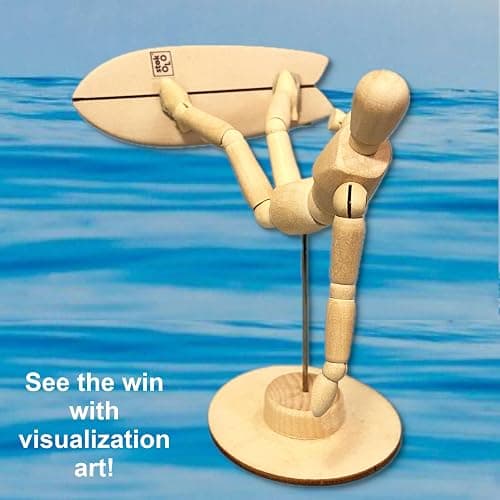 CRAFTED INGENUITY The Stokies Wooden Surf Art Figurine – 5.5” Posable Surfer with 4.5” Twin-Fin Fish Surfboard | Retro Surf Decor, Coastal Home Display, Unique Surfer Gift thumbnail 4