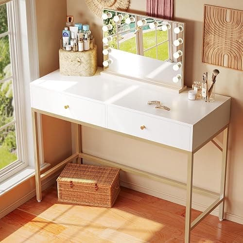 SUPERJARE 39.4" White and Gold Desk with 2 Drawers, Modern Makeup Vanity Desk, Small Computer Desk Home Office Desk for Writing Study Bedroom thumbnail 2