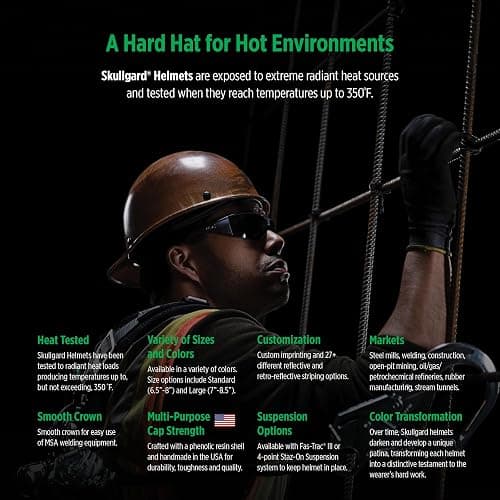 MSA Skullgard Full-Brim Hard Hat with Suspension - Non-Slotted Cap, Made of Phenolic Resin, Radiant Heat Loads up to 350F, Standard Size Hard Hat | Fas-Trac III Ratchet Suspension thumbnail 2