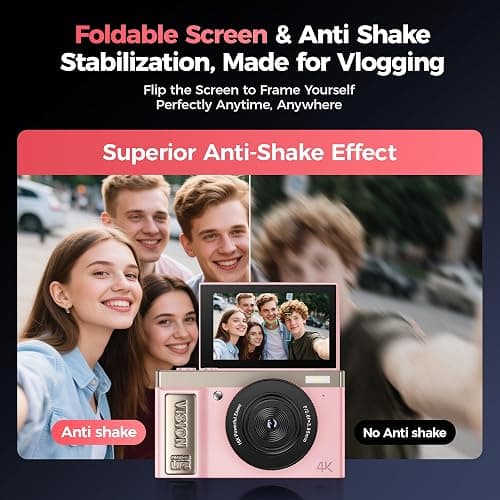 4K Digital Camera Pink for Girls Teens: 64MP Vlogging Camera with Flip Screen - 16X Zoom - Cute Compact Cam for Photography and YouTube – Aesthetic Point and Shoot Gift for Ages 8-18 thumbnail 3