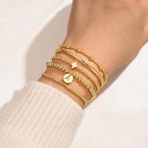 Turandoss Gold Cross Bead Bracelets Sets for Women Girls - Dainty Layered Cross Bracelets for Women Beaded Initial Bracelet Stack Gold Cuff Letter A-Z Bracelet Jewelry Gifts for Girls Her thumbnail 2
