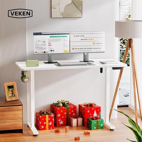 Veken 55 Inch Large Electric Standing Desk, Gaming Table, White | Height Adjustable Sit Stand Up Computer Tables for Home Office, Study , Writing, Suit students, employees and group work thumbnail 2