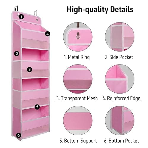 TYMENSH Over The Door Hanging Organizer with 4 Large Pockets – Closet, Bathroom, Nursery, Bedroom, Dorm Storage for Toys, Cosmetics, and Baby Essentials, Pink thumbnail 4