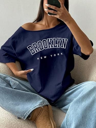 RoseSeek Women's Oversized Off Shoulder Graphic Tees | Short Sleeve Bow Letter Print T Shirts Y2K Tops thumbnail 3