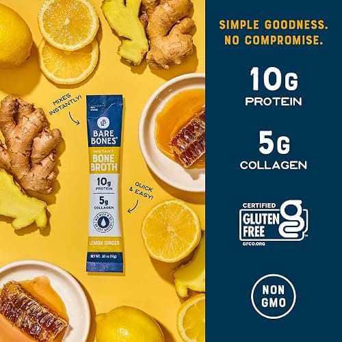 Bare Bones Bone Broth Instant Powdered Mix, Lemon Ginger, Pack of 8, 15g Sticks, 10g Protein, Keto & Paleo Friendly Bone Broth Packets thumbnail 6
