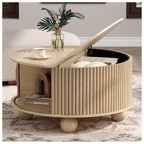 Vanvuson Round Coffee Table with Storage, 31.5" Mid Century Modern Coffee Table with Sliding Door & Bun Feet, Minimalist Fluted Center Table for Living Room, Home Small Space, Oak - Image 1