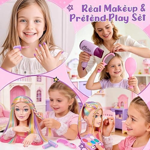 Toylink Doll Head for Hair Styling Kids Makeup Kit, 34Pcs Hair Salon Pretend Play Toys with Hairdryer Straightener Makeup Princess Accessories, Birthday Gifts for Girls 3 4 5 6 7 8 thumbnail 8