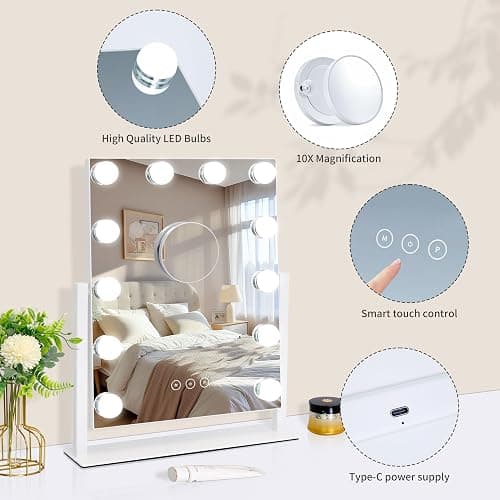 Kotdning Vanity Mirror with Lights,Lighted Vanity Mirror with 12 Dimmable Bulbs for Dressing Room & Bedroom,3 Color Lighting,Modes Detachable 10x Magnification 360°Ratation (White) 14.6" L x 17" W thumbnail 5