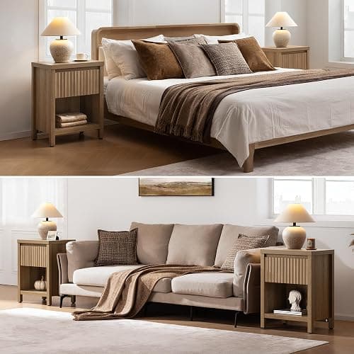 SICOTAS Fluted Night Stand Set of 2, Farmhouse Nightstands with Drawer, Boho Bedside Table with Storage Shelf, Large End Tables Bed Side Tables for Bedroom, Caramel Oak thumbnail 7