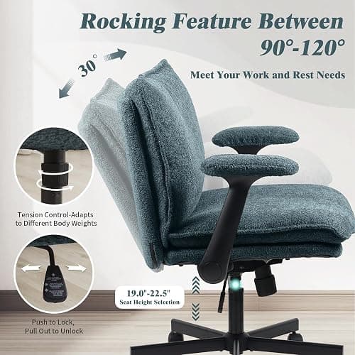 Kassipo Cross Legged Office Chair, Upholstered Criss Cross Desk Chair with Wheels and Flip-Up Armrests, Wide Seat Chair for Home Office, Vanity, Apartment, Dark Green - Green thumbnail 6