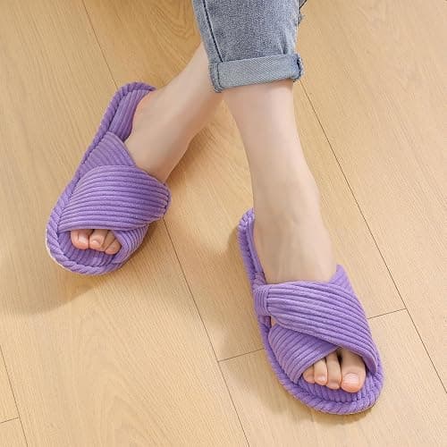 Evshine Fall House Slippers for Women Corduroy Cross Bow Indoor Slippers Open Toe Slip On Bedroom Shoes with Memory Foam thumbnail 3