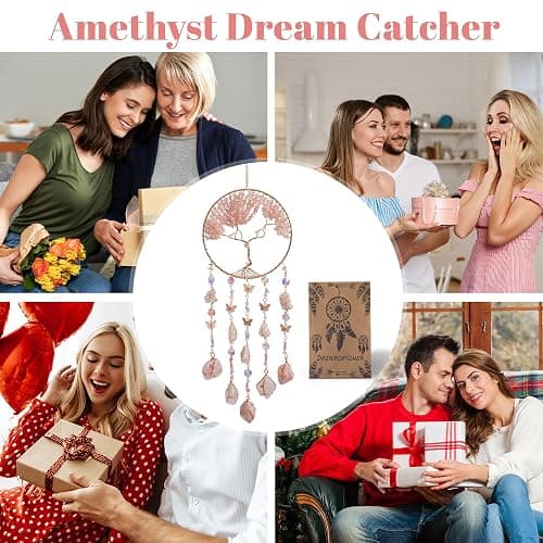 Pink Dream Catchers Crystal Tree of Life Dreamcatcher with Rose Quartz Butterfly Crystal Suncatcher Prism Hangings Wall Window Bedroom Room Decor Gift for Girls Boys Adults thumbnail 6
