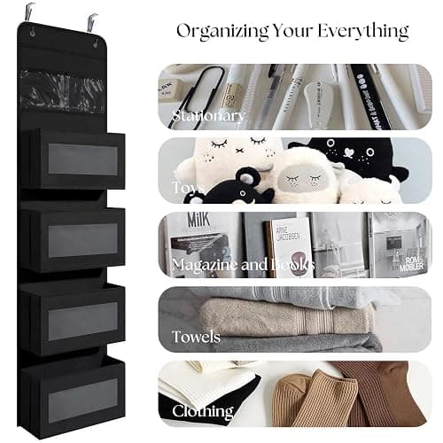 Giraffe Creation Over Door Organizer with 4 Large Capacity Pockets, Hanging Organizer Storage for Closet Bathroom Nursery Bedroom Dorm, Toys Cosmetics Sundries and Baby Essentials, Black thumbnail 5
