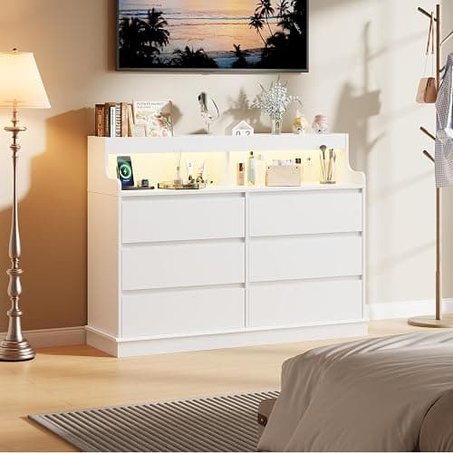 Dresser for Bedroom, 6 Drawer Dresser with LED Lights and Charging Station, Wide Chest of 6 Drawers with Open Space, Modern Large Capacity Storage Cabinet, Living Room, Hallway, White - White thumbnail 4