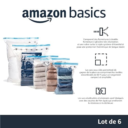 Amazon Basics fermeture éclair housses de rangement sous vide avec pompe manuelle, Lot de 6, Plusieurs (2 jumbo, 2 L, 2 M taille), Clair, Bleu thumbnail 4