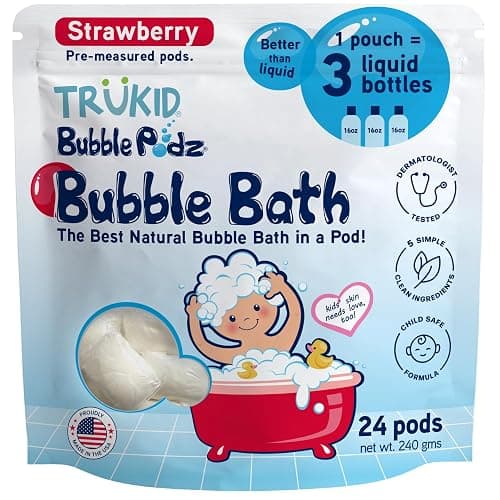TruKid Bubble Podz Bubble Bath for Kids, Toddlers, & Babies, Tear Free Gentle & Refreshing Bath Bomb for Sensitive Skin with Natural Moisturizers, Non-Toxic, pH Balanced, Strawberry Scent (24 Podz) - Image 1