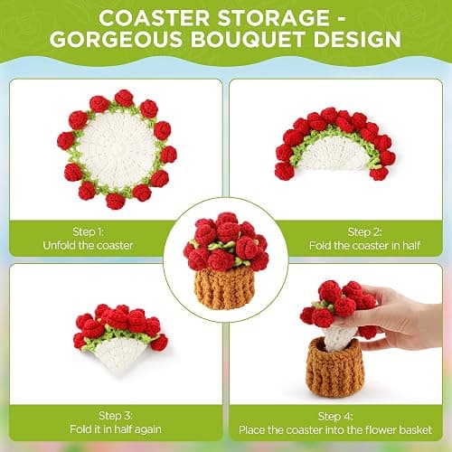 Crochet Flower Coasters, Handmade Bouquet Coasters with Crochet Plant Pot (Red, 2Pcs) thumbnail 4