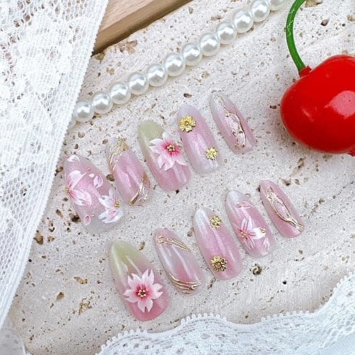 30Pcs Shiny Pink Press on Nails Medium Almond Fake Nails with Gold Beads 3D Flowers Designs Spring Acrylic Nails Peach Blossoms False Nail Gradient Pink Flower Full Cover Stick on Nails for Women thumbnail 4