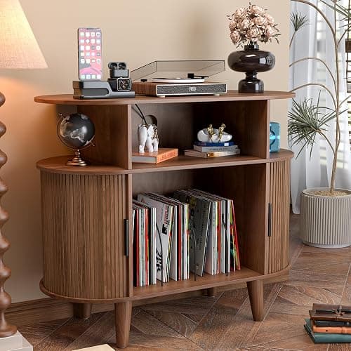 LUVIOHOME Large Round Record Player Stand with Charging Station & USB Ports，Record Storage Cabinet, Mid Century Modern Turntable Stand for Bedroom Living Room (Small Brown) thumbnail 4