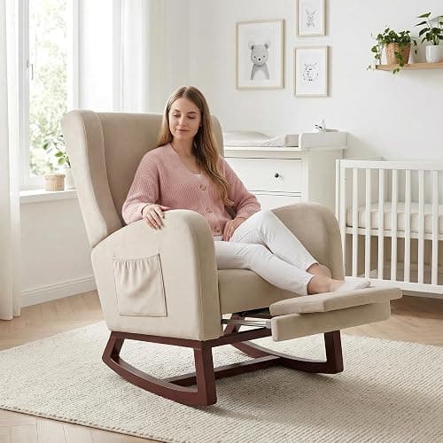 HYNHXBP Fauteuil à Bascule, avec accoudoirs et Poches latérales, Chaise d'allaitement Ergonomique avec Coussins, Structure en Bois Massif, Chaise Longue pour Salon ou Chambre (Beige + Velours Givré) thumbnail 8